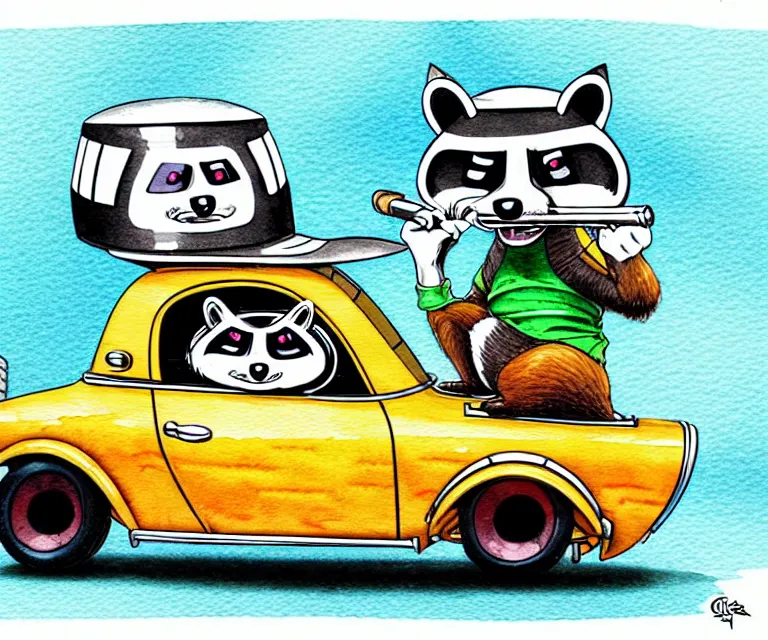 Image similar to cute and funny, racoon smoking cigar, racoon wearing a helmet, racoon riding in a tiny hot rod coupe with oversized engine, ratfink style by ed roth, centered award winning watercolor pen illustration, isometric illustration by chihiro iwasaki, edited by range murata