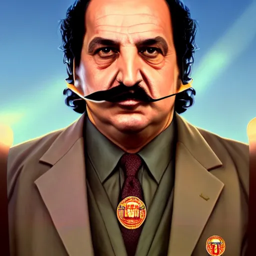 Image similar to handsome Ron Jeremy as President of United States of America as GTA character smoking a cuban cigar, sci-fi fantasy, closeup, D&D, intricate, elegant, highly detailed, digital painting, artstation, concept art, matte, sharp focus, illustration, art by Artgerm and Greg Rutkowski and Alphonse Mucha