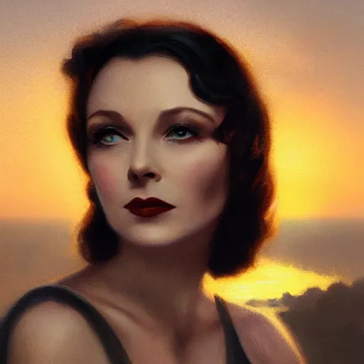 Prompt: a closeup portrait of a young vivian leigh, 1 9 2 0 s, femme fatale, gorgeous view, sunset, film noir, serene, high detail, depth, masterpiece by greg rutkowski, digital art, trending on artstation