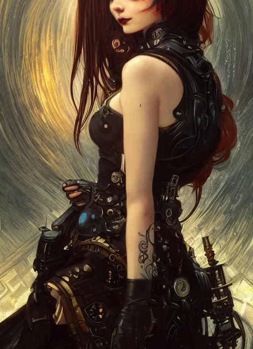 Image similar to portrait of cute little gothic girl, warhammer 40000, cyberpunk, intricate, elegant, highly detailed, digital painting, artstation, concept art, smooth, sharp focus, illustration, art by artgerm and greg rutkowski and alphonse mucha and Gustav Klimt