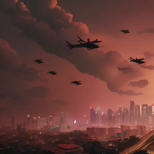 Image similar to Singapore city with a lion-shaped cloud in the sky and a squadron of chinooks flying in the sky, by greg rutkowski, red and white lighting, digital art, ultra realistic, ultra detailed, photorealistic, 4k, character concept