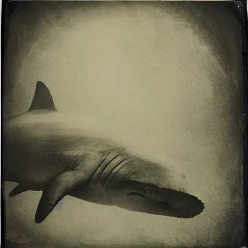 Prompt: underwater tintype photo of whale eating a shark