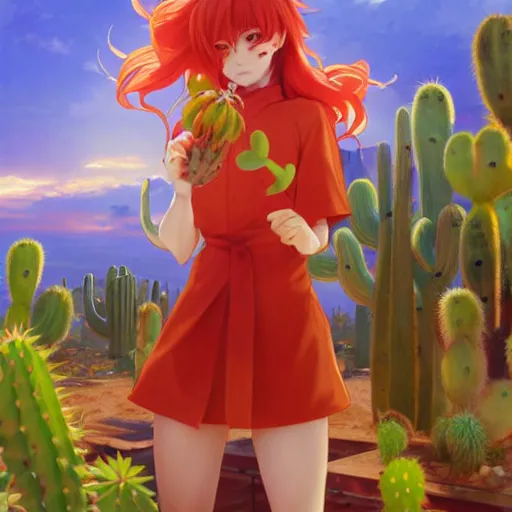 Prompt: A red-haired anime girl with fox ears and an evil grin in an orange jumpsuit holds a cactus artwork of a single character, highly detailed, artstation, smooth, sharp focus, illustration, art by artgerm and greg rutkowski and makoto shinkai and alphonse mucha