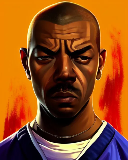 Prompt: painting portrait of cj from gta san andreas, cartoon, warm lighting. movie poster, illustration by bartek fedyczak, erak note, tooth wu, neil richards, kan liu, siwoo kim, jisu choe, trending on art station