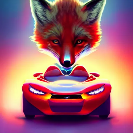 Image similar to a fox driving a car, portrait, fantasy, beautiful face, vivid colors, elegant, concept art, sharp focus, digital art, Hyper-realistic, 4K, Unreal Engine, Highly Detailed, HD, Dramatic Lighting by Brom, trending on Artstation