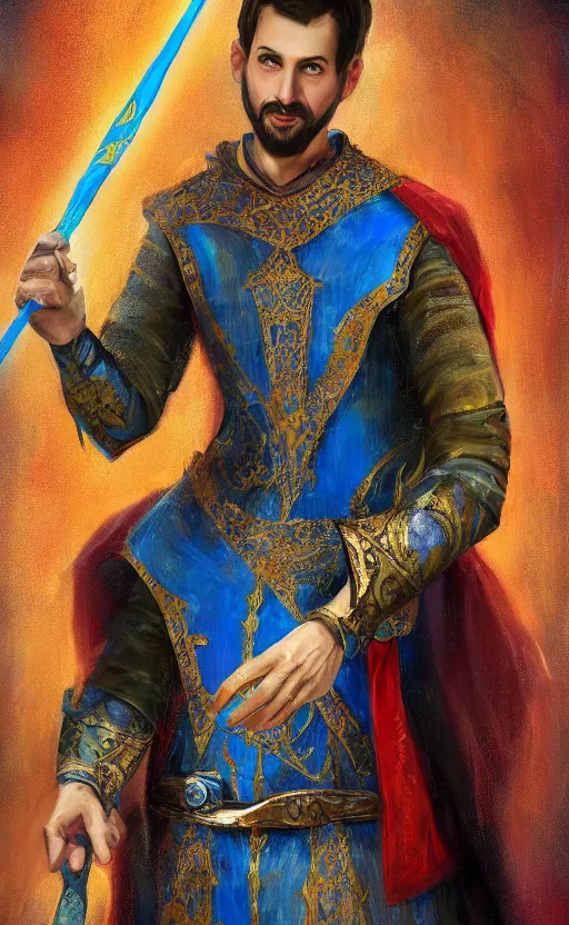 Prompt: a charming tailor of middle - eastern descent, dressed in fine colorful robes over armor, sporting a goatee, smirking, holding a magic needle, fantasy digital painting by barret frymire by artem priakhin, high resolution 4 k