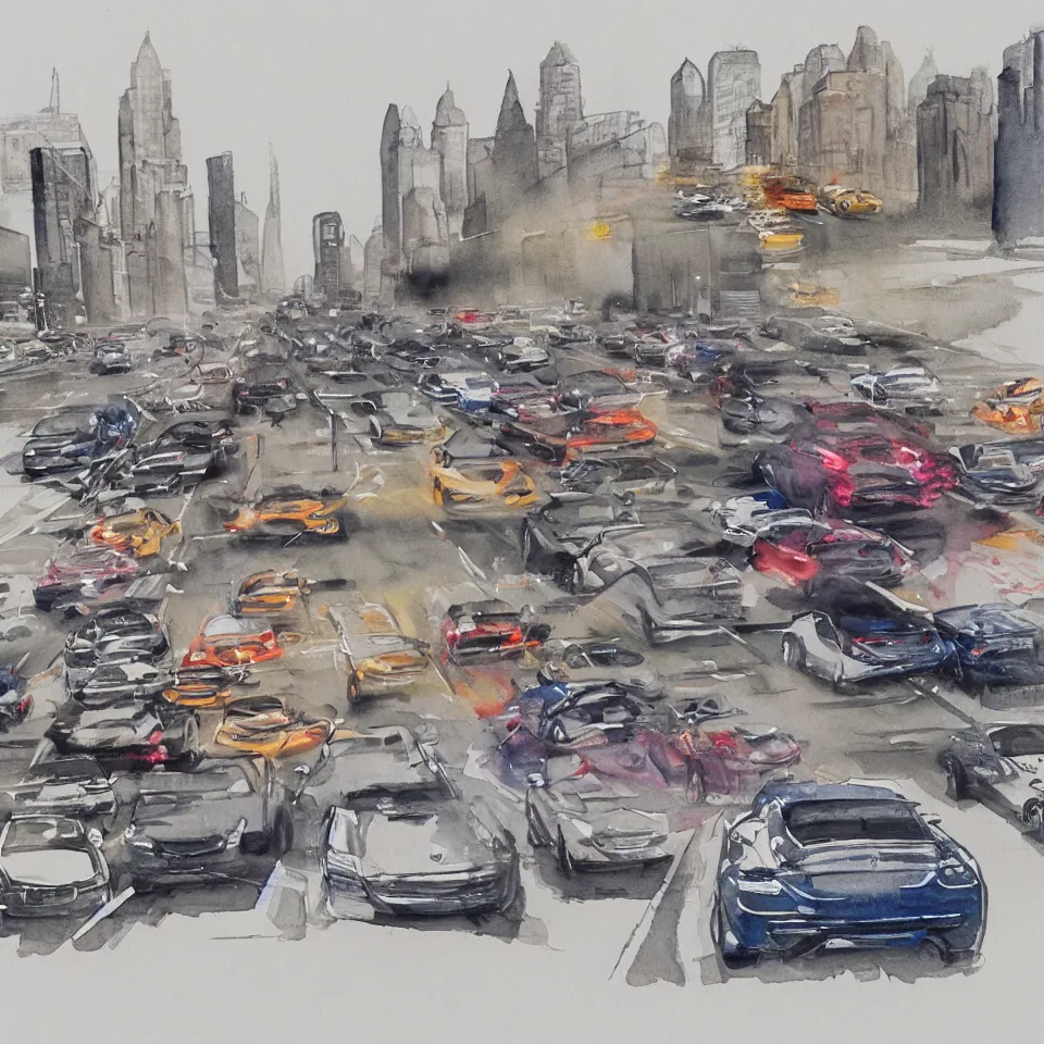 Image similar to a detailed watercolor sketch of cars racing in new york city