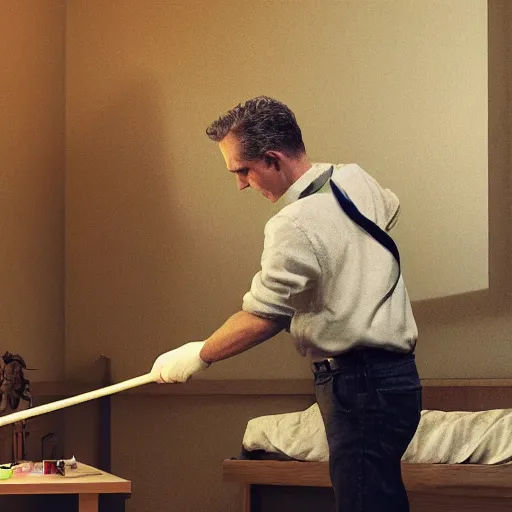 Prompt: close shot of hyperrealistic jordan peterson cleaning his room, award winning artstation