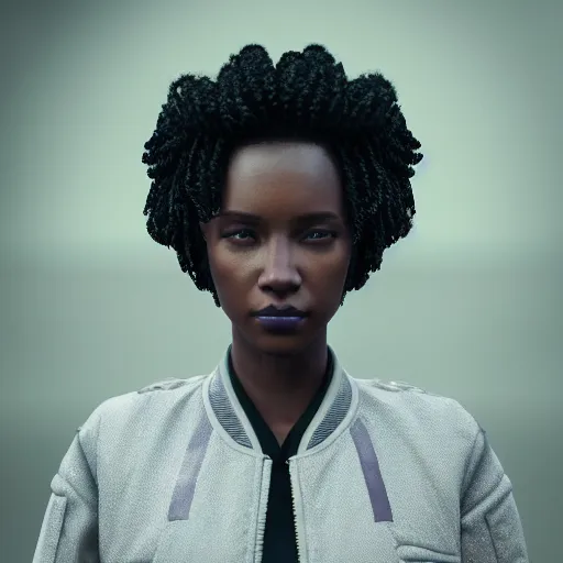 Image similar to black woman, hairstyle = short bob, hair colour = grey, eyes = purple, wearing dark green bomber jacket, realistic 4 k octane beautifully detailed render, 4 k post - processing, highly detailed, intricate complexity, epic composition, magical atmosphere, cinematic lighting, masterpiece, ultra hd