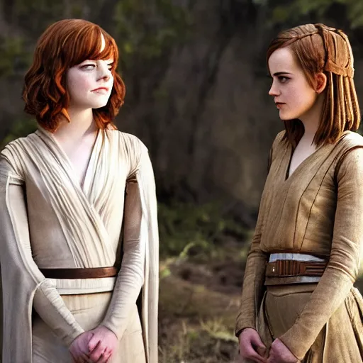 Image similar to emma stone and emma watson in Star Wars, movie still