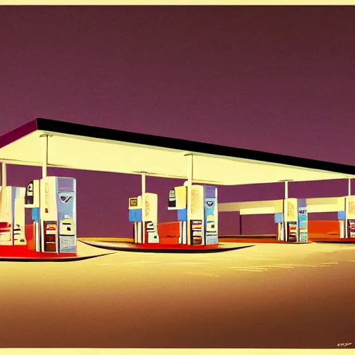 Image similar to a gas station at night by emiliano ponzi, george ault, featured on polycount, bauhaus, concept art, matte drawing, reimagined by industrial light and magic