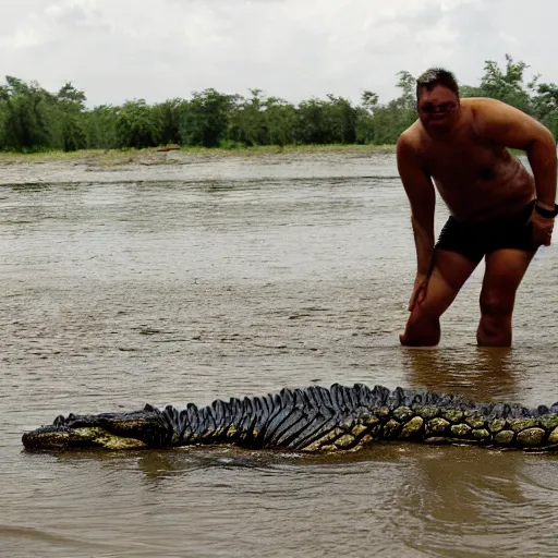 Image similar to a human - crocodile hybrid, wildlife photography
