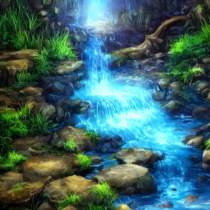 Image similar to Waterfall with treasure hidden behind the water stream, fantasy art style, glowing chest