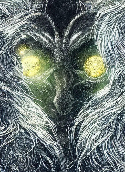 Prompt: glowing silver and golden elements, full close-up portrait, ghibli crow, book cover, green forest, white moon, establishing shot, extremly high detail, photo-realistic, cinematic lighting, pen and ink, intricate line drawings, by Yoshitaka Amano, Ruan Jia, Kentaro Miura, Artgerm, post processed, concept art, artstation, matte painting, style by eddie mendoza, raphael lacoste, alex ross