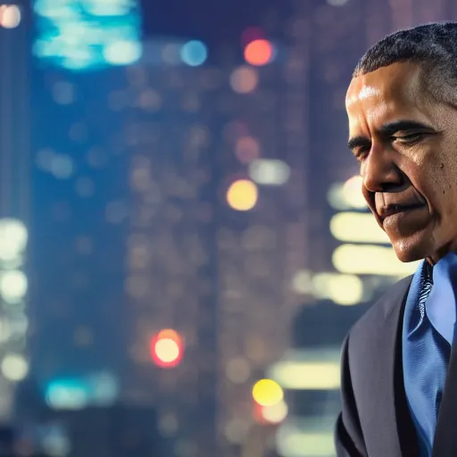 Image similar to a still of Barak Obama. Shallow depth of field. City at night in background, lights, colors ,studio lighting, mood, 4K. Profession photography