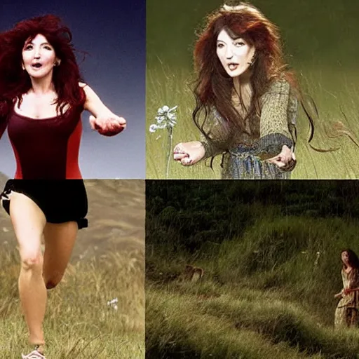 Prompt: kate bush running up that hill and making a deal with god in various styles