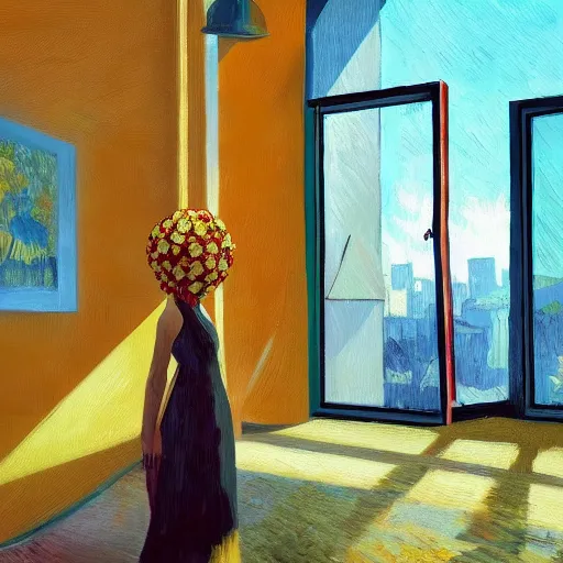 Image similar to giant flower under head, woman next to modern windows, luxury apartment, surreal photography, dramatic light, impressionist painting, digital painting, artstation, van gogh