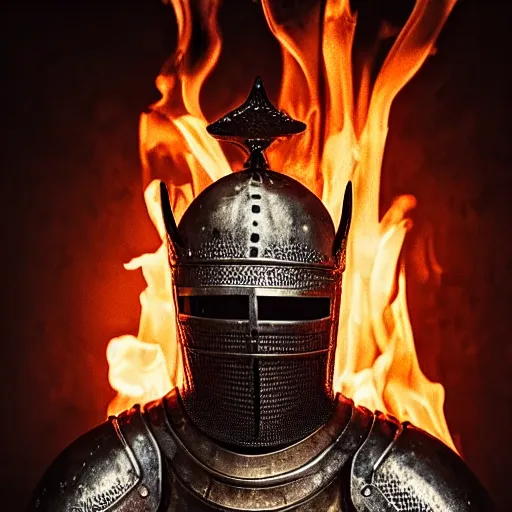 Image similar to portrait of the knight person who feels fear and agony while burning alive, 8k, highly detailed, photography