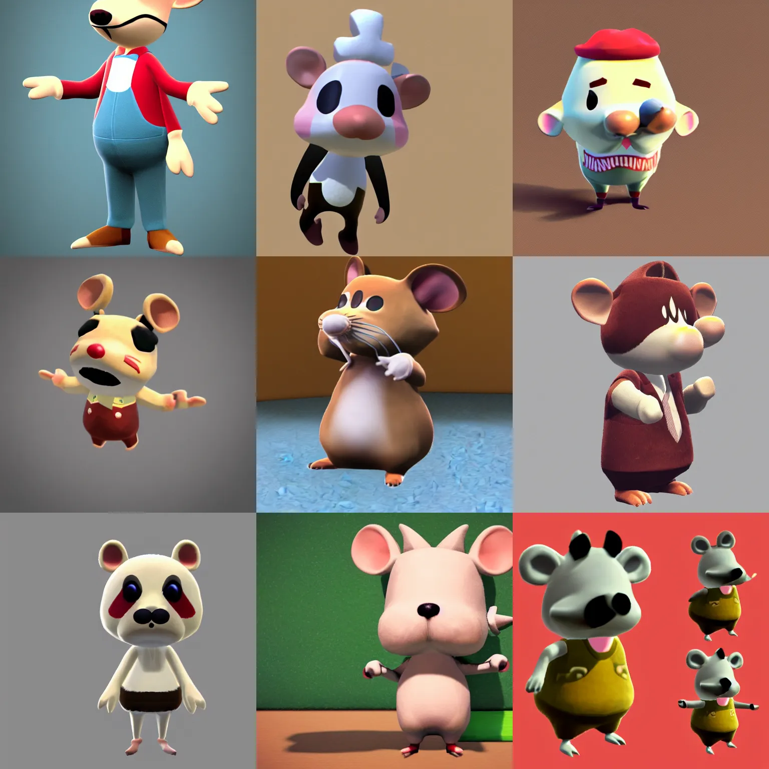 Prompt: 3 d render of a rat character with a long mustache from the game animal crossing