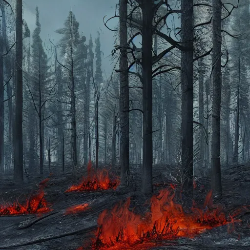 a burned lifeless forest, with burned trees, concept | Stable Diffusion ...