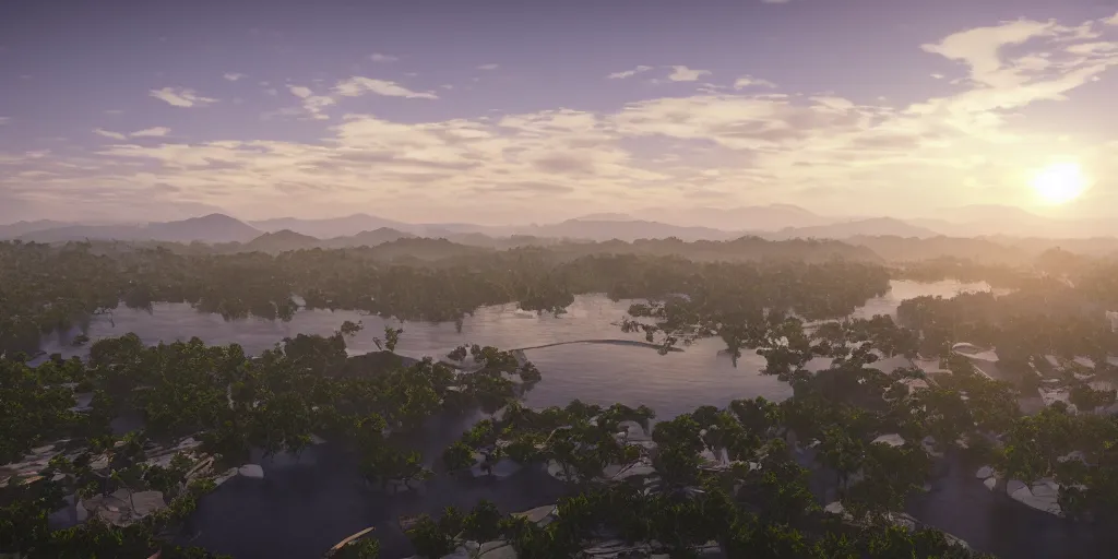 Prompt: drone's view of pearl river, beautiful sun set, stunning volumetric light, unreal engine 5, realistic, artsation, 8 k, highly detailed