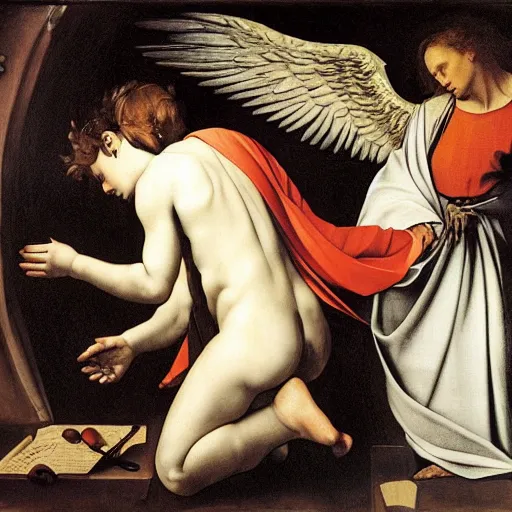 Prompt: 2 angels at the tomb of jesus, caravaggio, velasquez