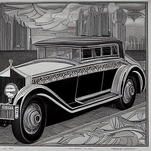 Prompt: art deco rolls royce as a flying futuristic car, style of gustave dore, intricate scrollwork, cityscape