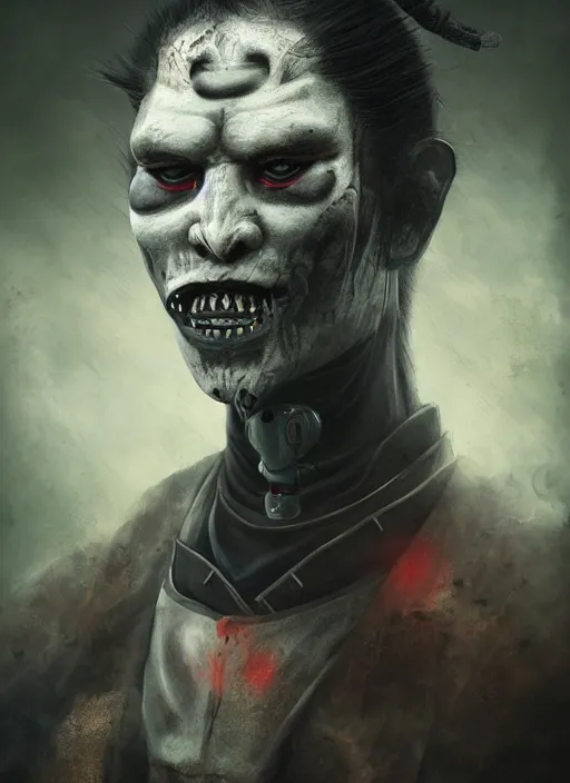 Prompt: dark samurai portrait, symmetrical face, hannya oni mask, after a battle, dirt and unclean, extreme detail, cinematic, dramatic lighting render, by tom bagshaw, masterpiece