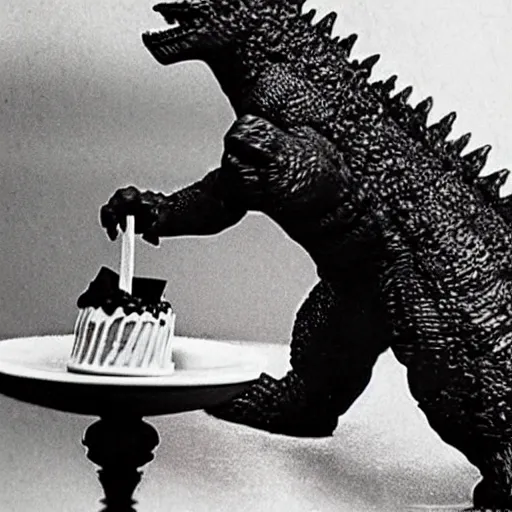 Image similar to godzilla eating a piece of cake