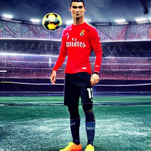Prompt: cristiano ronaldo with futurist soccer outfit in a stadium with neon, night, cyberpunk, realistic, beautiful, fantasy
