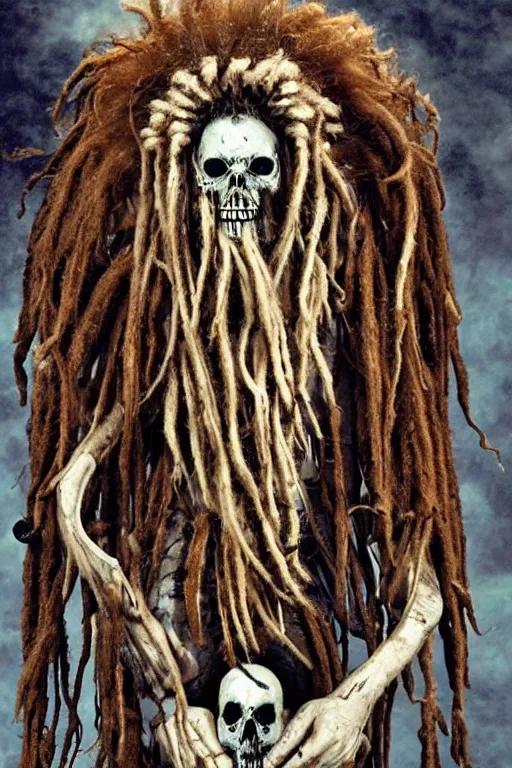 Image similar to a horror shaman with dreadlocks in sacrament of death and destruction