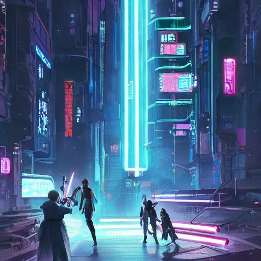 Prompt: Jedi lightsaber Duel future japan at night, Neon Lights, High contrast, concept art, fine details, studio ghibli, cinematic lighting, ghost-in-the-shell, cyberpunk,sci-fi, fantasy, intricate, elegant, highly detailed, digital painting, trending on artstation, concept art, smooth, sharp focus, illustration, by james gurney and greg rutkowski