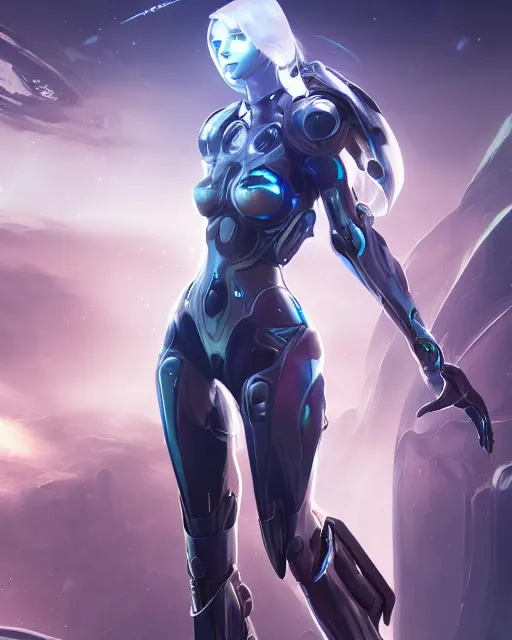 Image similar to perfect android girl on a mothership, warframe armor, beautiful face, scifi, futuristic, galaxy, nebula, raytracing, dreamy, long white hair, blue cyborg eyes, sharp focus, cinematic lighting, highly detailed, artstation, divine, by gauthier leblanc, kazuya takahashi, huifeng huang