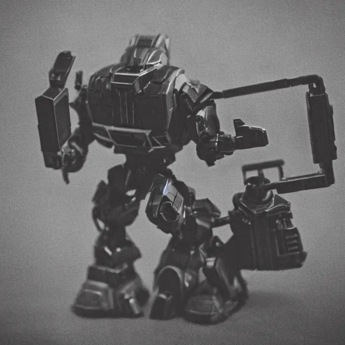 Prompt: a jvc radio as an autobot transformer in a film noir. moody, medium close shot. overcast, rainy.