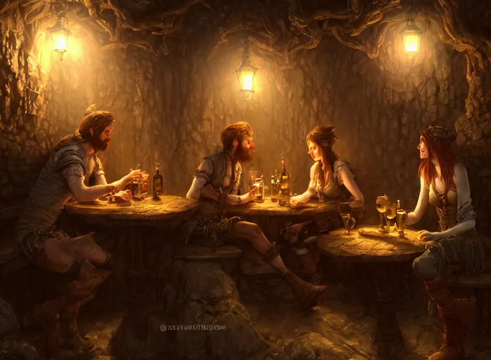 Prompt: a beautiful adventuring drinking couple, dimly-lit cozy tavern, relaxed pose, fantasy art, detailed painterly digital art style drawn by charles bowater, beautifully detailed render, post-processing, extremely hyperdetailed, intricate, epic composition, grim yet sparkling atmosphere, cinematic lighting + masterpiece, trending on artstation, very detailed, vibrant colors