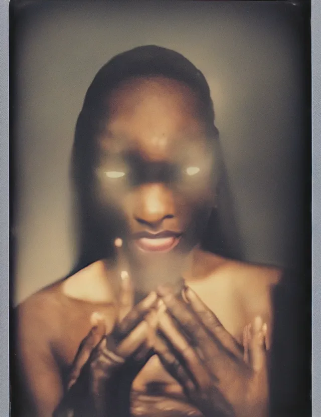Image similar to polaroid photo with flash, portrait of a dark skin woman in top, polaroid photo bleached strong lights, kodak film stock, hyper real, stunning moody cinematography, with anamorphic lenses, by maripol, detailed