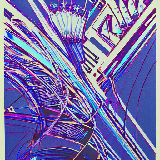 Prompt: electronic band lithograph by lance hidy with blue and purple hues