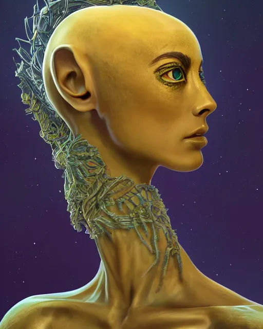 Image similar to an extremely detailed masterpiece head and shoulder portrait of a pleiadean extraterrestrial with yellowish eyes, in the style of sam guay, one single continues line, unreal engine, detailed, elegant, intricate, trending on artstation, 4 k