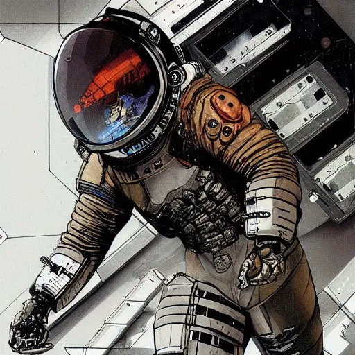 Image similar to Cyberpunk Dead Space themed Astronaut stepping out of an airlock, detailed illustration, Industrial Scifi, by Frank Frazetta and Martin Grip