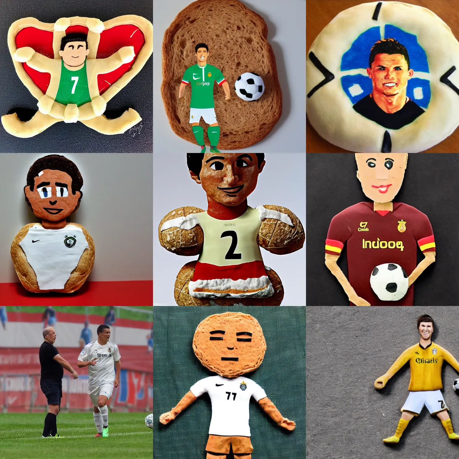 Prompt: soccer player ronaldo 7 made of bread dough