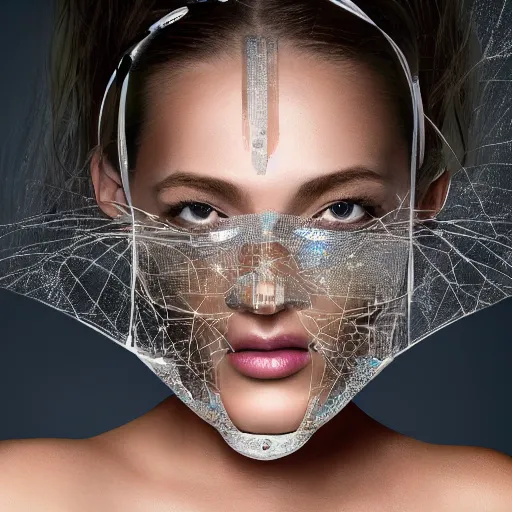 Image similar to portrait of a beautiful futuristic woman layered with high-tech jewelry wrapping around her face and head, 2067