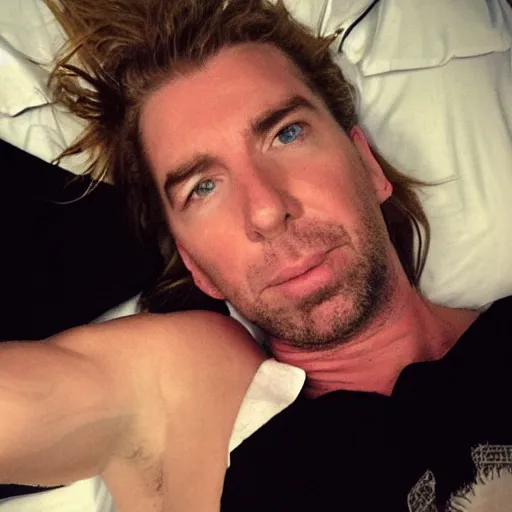 Image similar to chad kroeger snapchat selfie laying in bed with a black tanktop