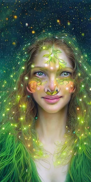 Prompt: infp young woman, smiling amazed, golden fireflies lights, sitting in the midst of nature fully covered, long loose red hair, intricate linework, bright accurate green eyes, small nose with freckles, oval shape face, realistic, expressive emotions, dramatic lights spiritual scene, hyper realistic art by michael cheval, jessica rossier, boris vallejo