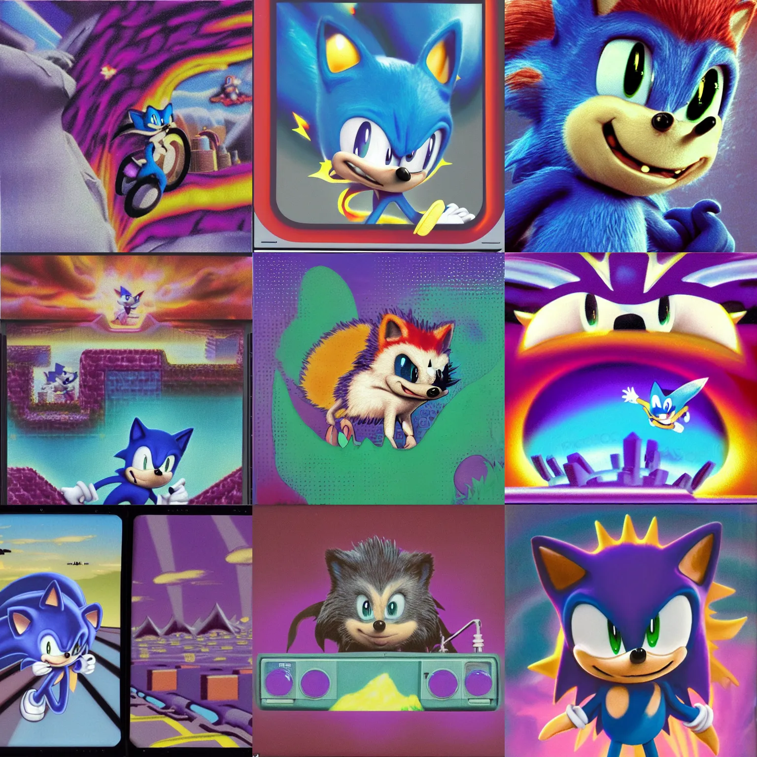 Image similar to polaroid portrait of sonic hedgehog and a matte painting landscape of a surreal, sharp, detailed professional, soft pastels, high quality airbrush art album cover of a liquid dissolving airbrush art lsd dmt sonic the hedgehog swimming through cyberspace, purple checkerboard background, 1 9 9 0 s 1 9 9 2 sega genesis rareware video game album cover