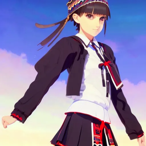 Image similar to a beautiful! boyish! natalie portman model, wearing catholic school girl outfit with mayan pattern and native style, aztec street fashion, guilty gear art direction, gapmoe yandere grimdark, trending on pixiv fanbox, painted by greg rutkowski makoto shinkai takashi takeuchi studio ghibli, akihiko yoshida