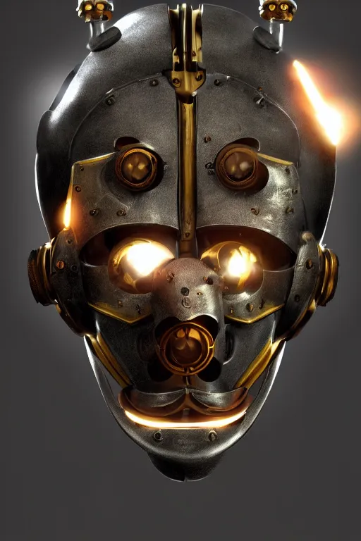 Image similar to steampunk mask minimalist fantasy art robot ninja helmet, global illumination ray tracing hdr fanart arstation by sung choi and eric pfeiffer and gabriel garza and casper konefal radiating a glowing aura