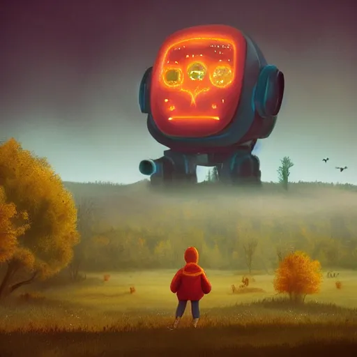 Image similar to It's the autumn, the wind blow the mist on a field, we're close to a forest. A child in a scifi outfit is looking at a big robot while a spaceship is flying above, in the style of Simon Stålenhag