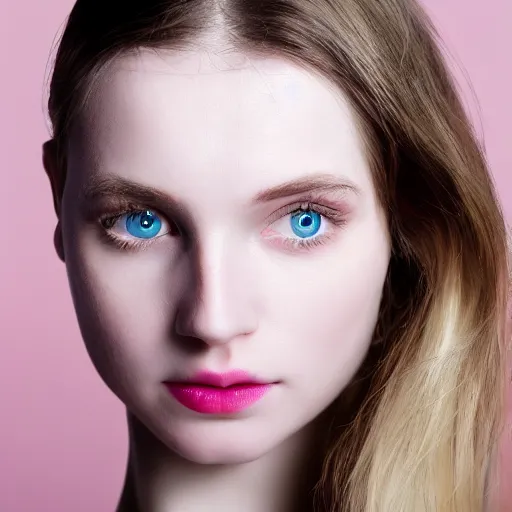 Prompt: woman with porcelain skin, pale eyes, pale pink lips. portrait, high - key, 4 k, photography,