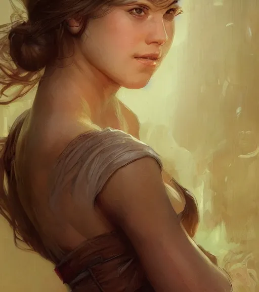 Image similar to portrait of a young woman, soft features, gentle smile, muscular, half body, cloth, short brown hair, back light, d & d, fantasy, intricate, highly detailed, digital painting, artstation, concept art, smooth, sharp focus, illustration, art by artgerm and greg rutkowski and alphonse mucha