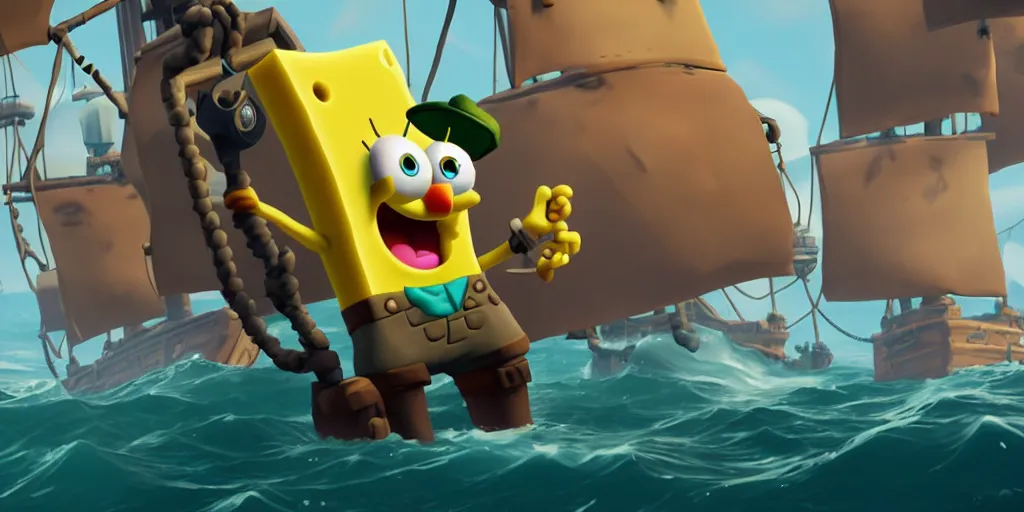 Image similar to selfie of sponge bob squarepants as a sea of thieves character, sea of thieves screenshot, storm, unreal engine, digital art